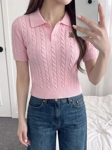 Comfortcana Women's Polo Bear Knit Top, Autumn Outfit, Back To School, Going Out, Cute Tops Women, Basic Tops For Women , Pink Top - Pink - View 3