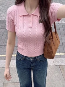 Comfortcana Women's Polo Bear Knit Top, Autumn Outfit, Back To School, Going Out, Cute Tops Women, Basic Tops For Women , Pink Top - Pink - View 6