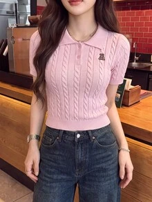 Comfortcana Women's Polo Bear Knit Top, Autumn Outfit, Back To School, Going Out, Cute Tops Women, Basic Tops For Women , Pink Top - Pink - View 2