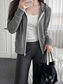 Comfortcana Women's Black And White Mint Green Navy Blue Striped Back To School College Style Casual Sweatshirt Autumn - Black and White - View 7