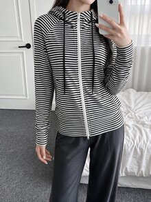 Comfortcana Women's Black And White Mint Green Navy Blue Striped Back To School College Style Casual Sweatshirt Autumn - Black and White - View 8