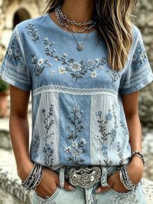 EMERY ROSE Women Boho Floral Print Short Sleeve Crew Neck Casual TShirt Summer Color Block Loose Fit Tee - Multicolor - View 1