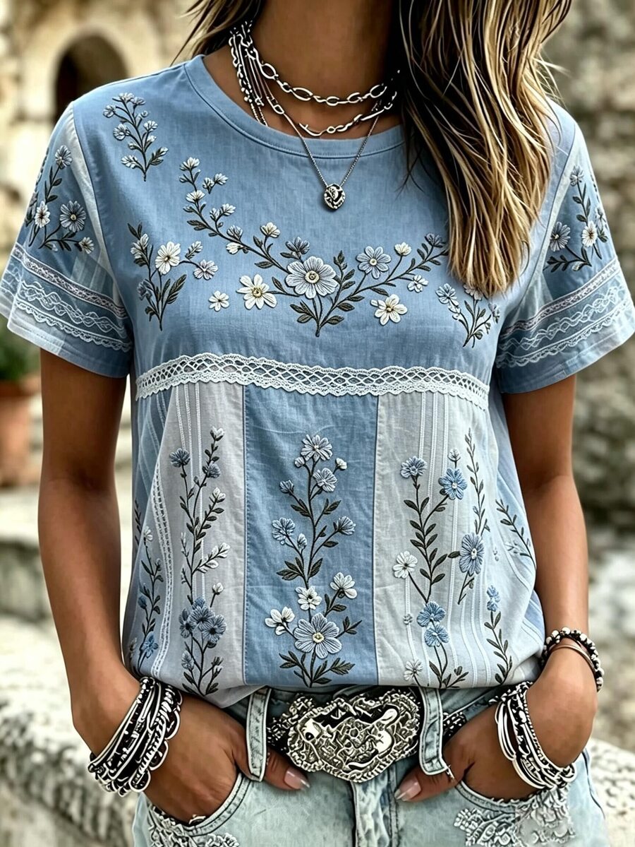 EMERY ROSE Women Boho Floral Print Short Sleeve Crew Neck Casual TShirt Summer Color Block Loose Fit Tee - Multicolor - View 1