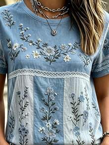 EMERY ROSE Women Boho Floral Print Short Sleeve Crew Neck Casual TShirt Summer Color Block Loose Fit Tee - Multicolor - View 3