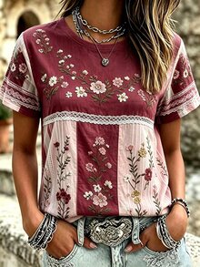 EMERY ROSE Women Boho Butterfly Floral Print Short Sleeve Crew Neck Casual Western TShirt - Multicolor - View 1
