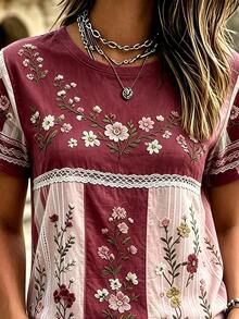 EMERY ROSE Women Boho Butterfly Floral Print Short Sleeve Crew Neck Casual Western TShirt - Multicolor - View 3
