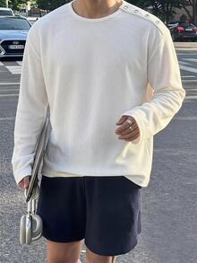SWAVVY 男士純色休閒百搭日常長袖T恤 - 白色 - 查看 5