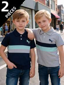 2pcs/Pack Summer Polo Shirts, Casual Versatile Thin Short Sleeve T-Shirts With Color Block Print For Boys Baby Blue - Multicolor - View 1