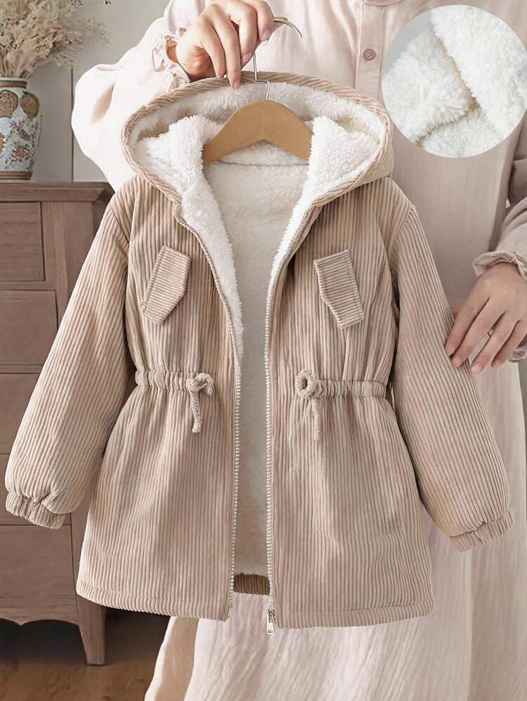 SHEIN Áo khoác lông ấm có mũ cho bé gái, màu mơ, quần áo thu/đông - Màu be - Xem 8
