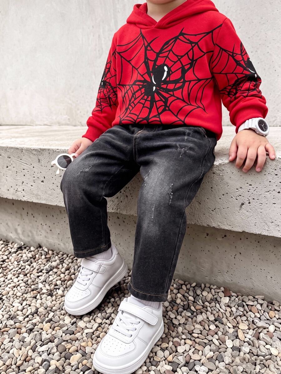 SHEIN Young Boy Spider Web Kids Print Autumn Winter Hoodie & Cat Scratch Jeans - Multicolor - View 1