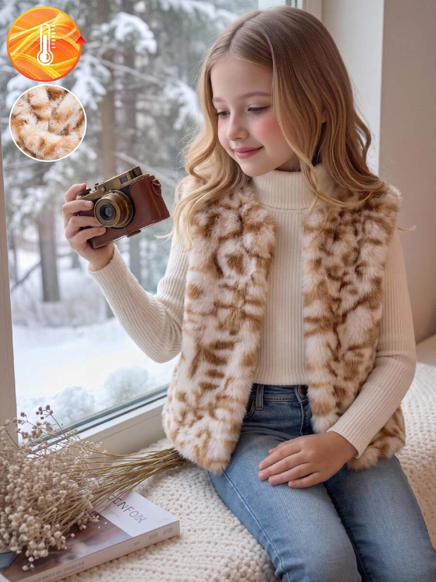 Young Girls Back To School Season New Fashionable Leopard Print Faux Fur Vest Jacket, Suitable For Autumn/Winter Outdoor, Daily, Party Wear - Multicolor - View 1