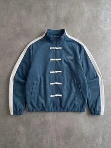 PAVTROS Chaqueta casual diaria con patrón de letras y bloques de color para hombres - Azul - Ver 3