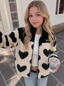 SHEIN 兒童青少年女孩拼色愛心毛絨素色拼接印花愛心極簡百搭休閒抓絨內裡夾克外套 秋冬/四季款 - 黑色 - 查看 2