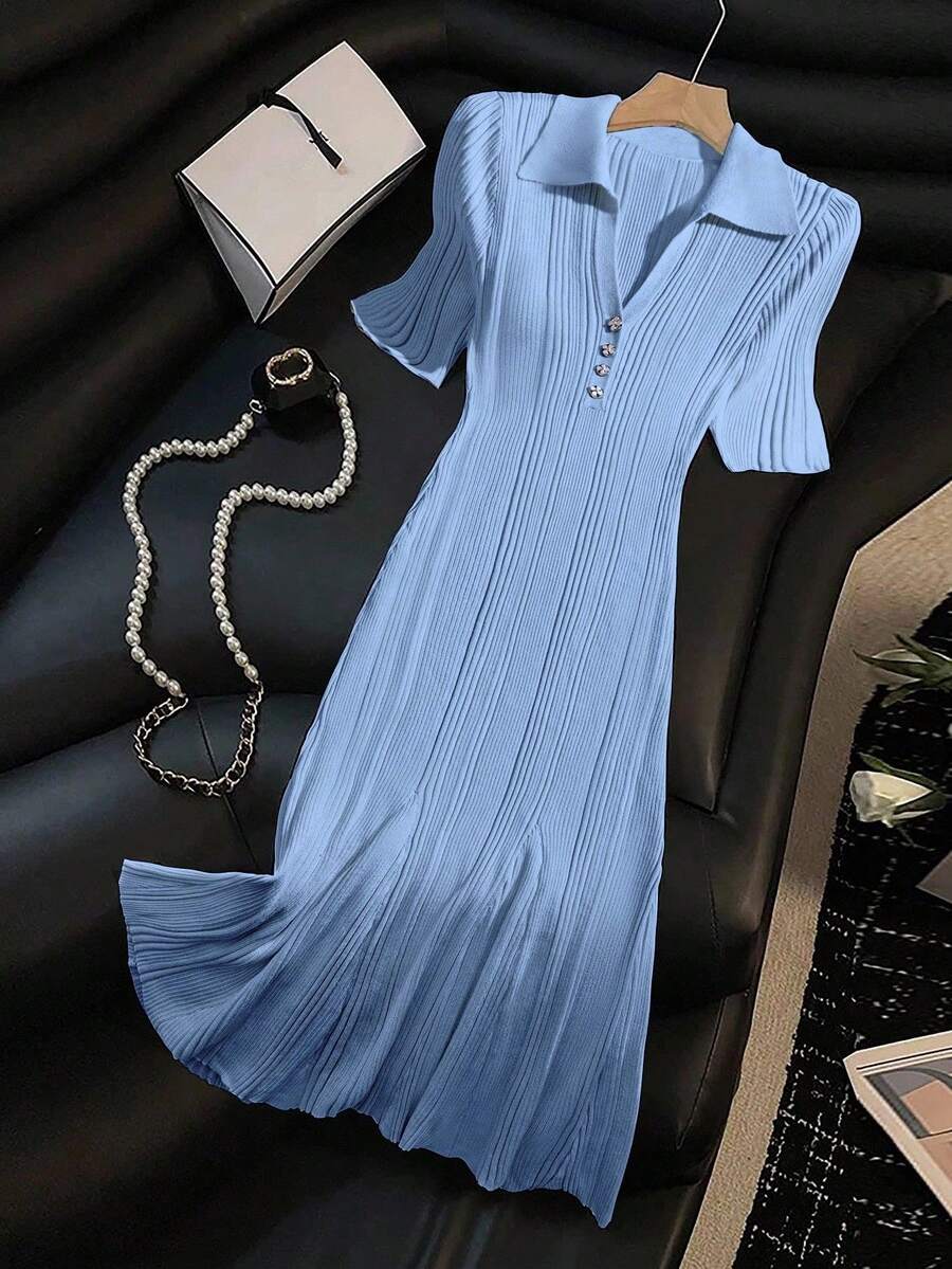 Franclia Women's Short Sleeve Half Cardigan Long Knitted Dress Knitted Sweater Clothes For University - Blue - View 1