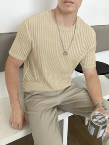 SWAVVY 男士休闲纯色短袖弹力针织T恤，夏季 - 杏色 - 查看 3
