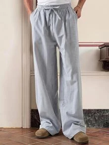 SWAVVY Calça casual reta listrada de tricô masculina, calça longa de férias, para presente de marido ou namorado, para o outono - Azul - Visão 1