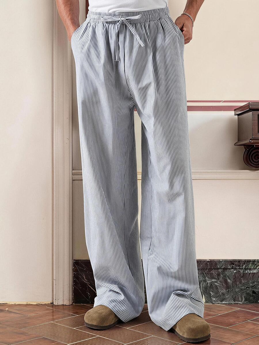 SWAVVY Calça casual reta listrada de tricô masculina, calça longa de férias, para presente de marido ou namorado, para o outono - Azul - Visão 1