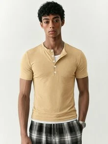 SWAVVY Men's Summer Casual Slim Fit Short Sleeve T-Shirt Standard Size Light Grey Plain - Khaki - View 7