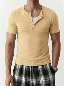 SWAVVY Men's Summer Casual Slim Fit Short Sleeve T-Shirt Standard Size Light Grey Plain - Khaki - View 5