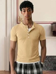 SWAVVY Men's Summer Casual Slim Fit Short Sleeve T-Shirt Standard Size Light Grey Plain - Khaki - View 1