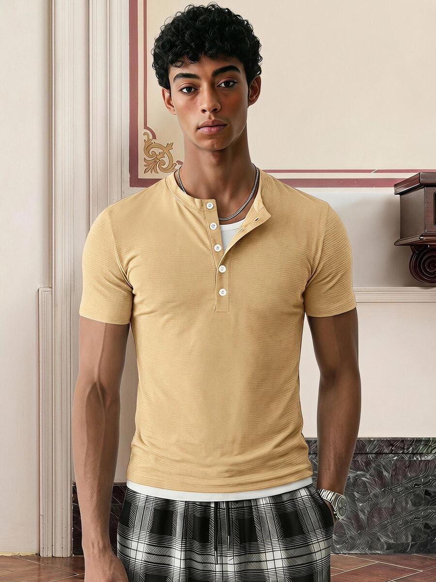 SWAVVY Men's Summer Casual Slim Fit Short Sleeve T-Shirt Standard Size Light Grey Plain - Khaki - View 1