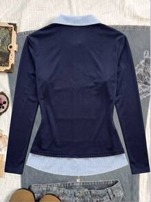 SHEIN Kids Tween Girls 2-In-1 Striped Colorblock Patchwork Shirt Collar Long Sleeve Fitted T-Shirt, Preppy Style Back To School - Blue - View 3