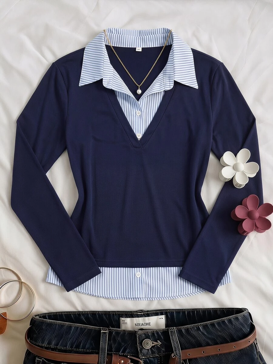 SHEIN Kids Tween Girls 2-In-1 Striped Colorblock Patchwork Shirt Collar Long Sleeve Fitted T-Shirt, Preppy Style Back To School - Blue - View 1