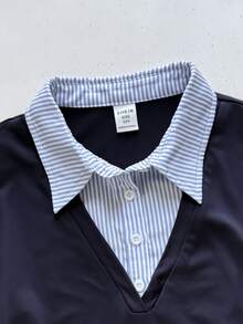 SHEIN Kids Tween Girls 2-In-1 Striped Colorblock Patchwork Shirt Collar Long Sleeve Fitted T-Shirt, Preppy Style Back To School - Blue - View 4