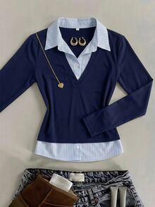 SHEIN Kids Tween Girls 2-In-1 Striped Colorblock Patchwork Shirt Collar Long Sleeve Fitted T-Shirt, Preppy Style Back To School - Blue - View 7