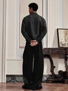SWAVVY 男士條紋長袖單排扣襯衫與長褲休閒套裝 - 黑色 - 查看 2