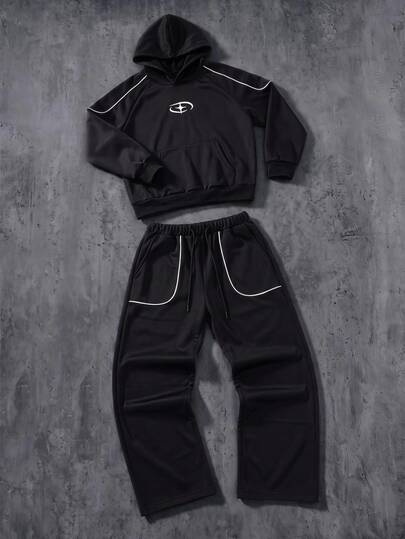 SHEIN Coolqubz 2pcs/Set Men's Teen Casual Streetwear White Contrast Color Stripe Design Letter Print Loose Straight Leg Sweatpants & Sweatshirt Set, Suitable For Casual Cool Streetwear