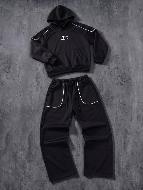 SHEIN Coolqubz 2pcs/Set Men's Teen Casual Streetwear White Contrast Color Stripe Design Letter Print Loose Straight Leg Sweatpants & Sweatshirt Set, Suitable For Casual Cool Streetwear