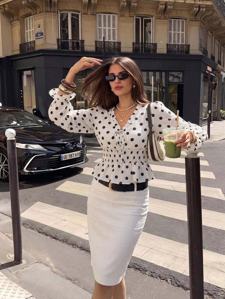 Muvela Women's Polka Dot Print Front Tie Waist Gathered Blouse - Black and White - View 6
