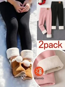 SHEIN Young Girl 2件組黑色與粉色人造皮革貼布字母休閒冬季打底褲，適合上學穿著 - 彩色 - 查看 2