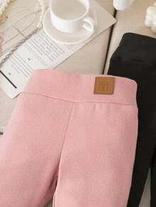 SHEIN Young Girl 2件組黑色與粉色人造皮革貼布字母休閒冬季打底褲，適合上學穿著 - 彩色 - 查看 6