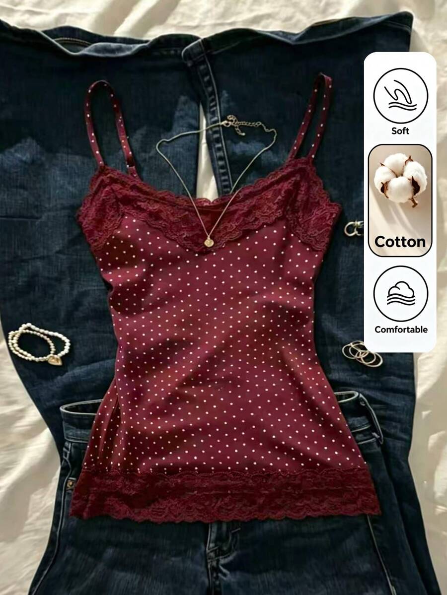 IslaSuriya Summer Slim Fit Lace Trim Camisole - Red - View 1