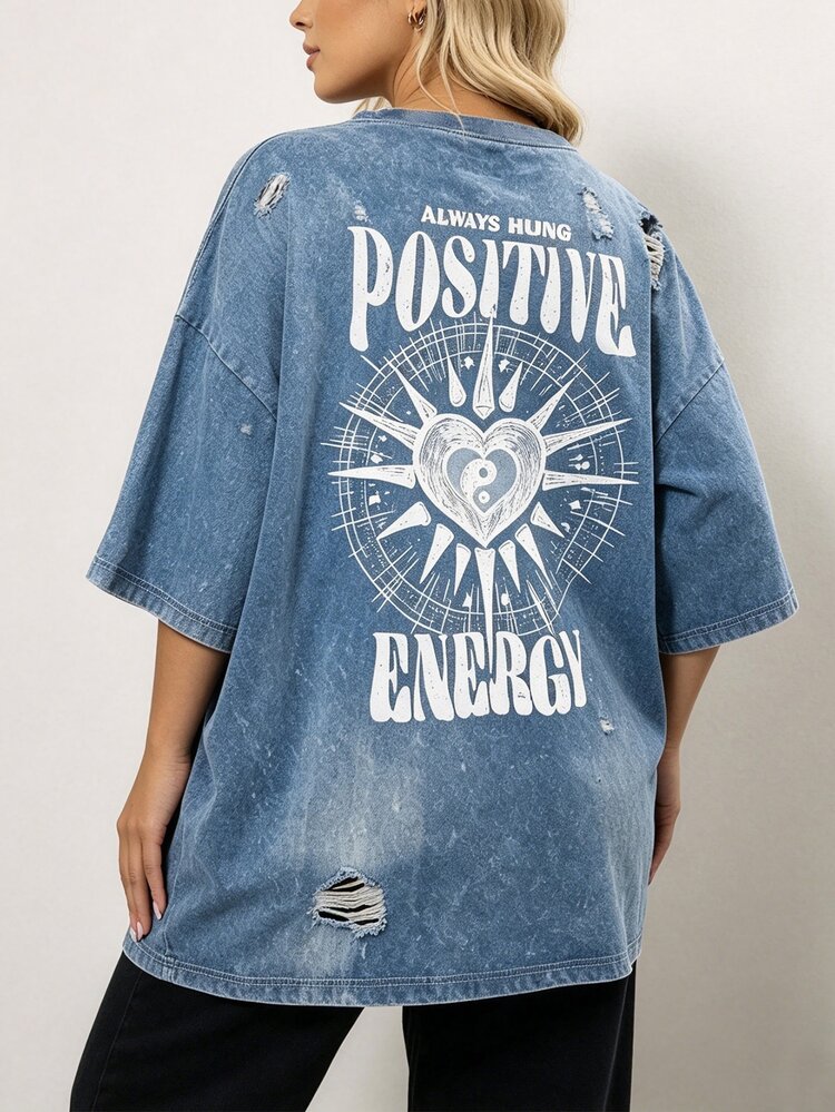 EMERY ROSE Camiseta de talla grande para mujer con estampado de letras y patrón de denim sintético, cuello redondo, manga corta y ajuste holgado, adecuada para salidas de verano y uso diario - Multicolor - Añade 2