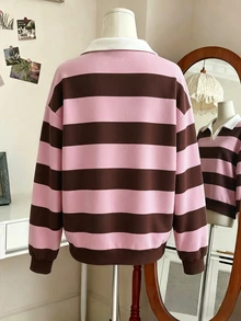 INAWLY Sweatshirt Polo Bergaris Longgar Kasual Musim Gugur - Coffee Brown - View 2