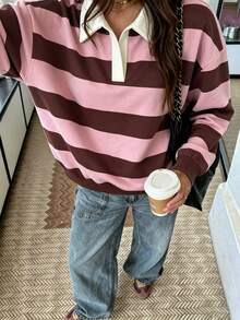 INAWLY Sweatshirt Polo Bergaris Longgar Kasual Musim Gugur - Coffee Brown - View 5
