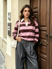 INAWLY Sweatshirt Polo Bergaris Longgar Kasual Musim Gugur - Coffee Brown - View 6