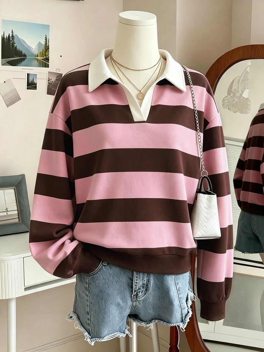 INAWLY Sweatshirt Polo Bergaris Longgar Kasual Musim Gugur - Coffee Brown - View 1