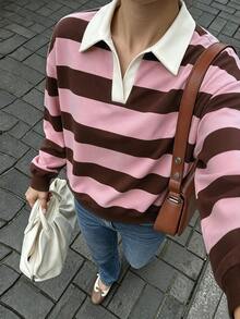 INAWLY Sweatshirt Polo Bergaris Longgar Kasual Musim Gugur - Coffee Brown - View 4