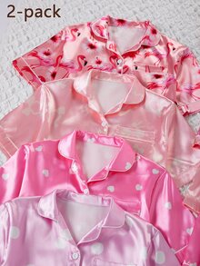 SHEIN 女童睡衣盲盒，包含粉色愛心、粉色蝴蝶結、火烈鳥、紫色波點，4款隨機發送1套，舒適開襟短袖短褲家居服套裝，4款睡衣套裝隨機1套 - 彩色 - 查看 4