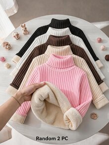 SHEIN 女童女孩羅紋針織高領毛衣 冬季返校長袖套頭上衣 - 彩色 - 查看 7