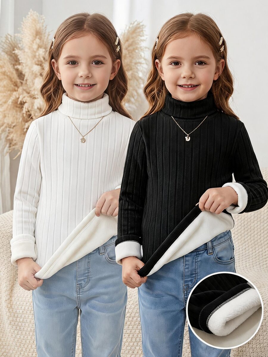 SHEIN Young Girl Young Girls Ribbed Knit Turtleneck Sweaters Winter Day Back To School Long Sleeve Pullover Tops - Multicolor - View 1