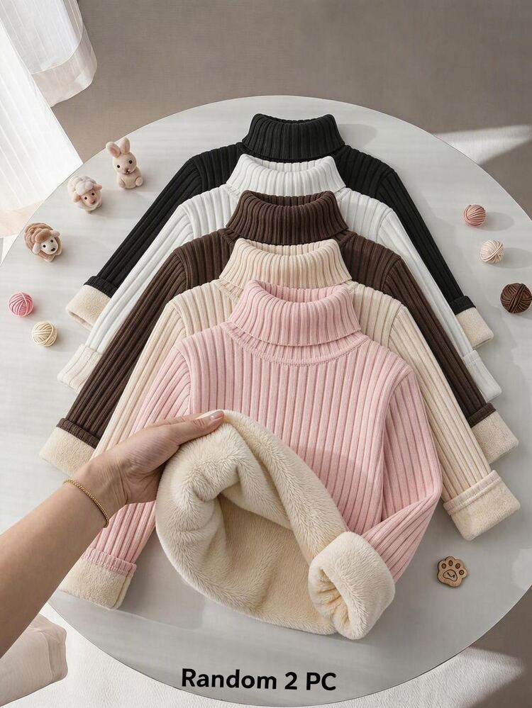 SHEIN Young Girl Young Girls Ribbed Knit Turtleneck Sweaters Winter Day Back To School Long Sleeve Pullover Tops - Multicolor - View 2
