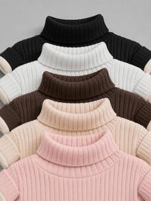 SHEIN 女童女孩羅紋針織高領毛衣 冬季返校長袖套頭上衣 - 彩色 - 查看 3