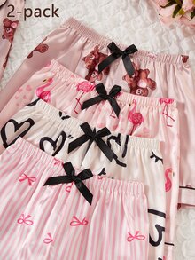 女童睡衣盲盒，包含1套可愛熊圖案、1套火烈鳥圖案、1套粉色與白色條紋蝴蝶結圖案、1套愛心與睫毛圖案，4套隨機發送1套，舒適柔軟緞面環形肩帶短褲家居服套裝，適合居家室內穿著，夏季4套睡衣隨機發送1套 - 彩色 - 查看 7