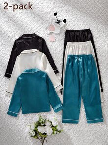 SHEIN ()3套隨機發貨，1套)女童睡衣，純色緞面極簡口袋 LOVE 刺繡長袖開襟衫配長褲 秋冬款 - 彩色 - 查看 2