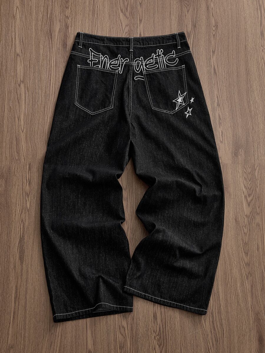 SWAVVY Men's Casual Versatile Letter Embroidered Straight Leg Jeans - Black - View 1